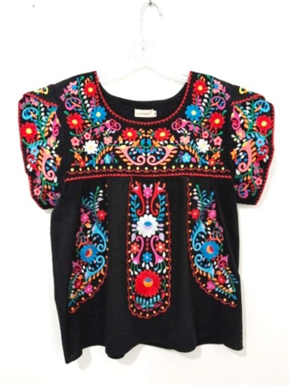 YZXDORWJ Mexican Floral Embroidered Black Top Peasant Festival Boho Size M